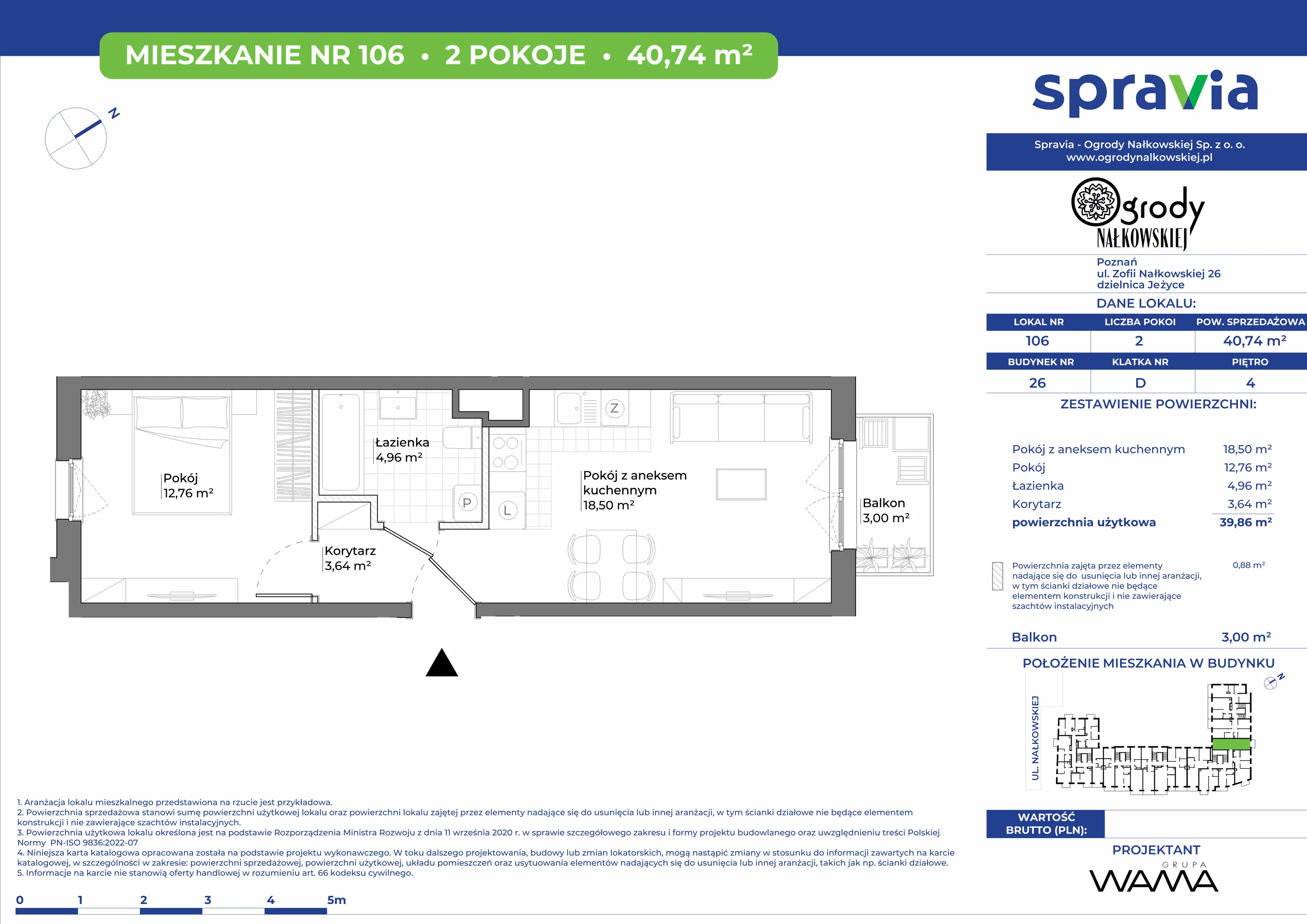 2 pokoje, mieszkanie 40,74 m², piętro 4, oferta nr 26-106, Ogrody Nałkowskiej, Poznań, Ogrody, ul. Nałkowskiej 24, 26